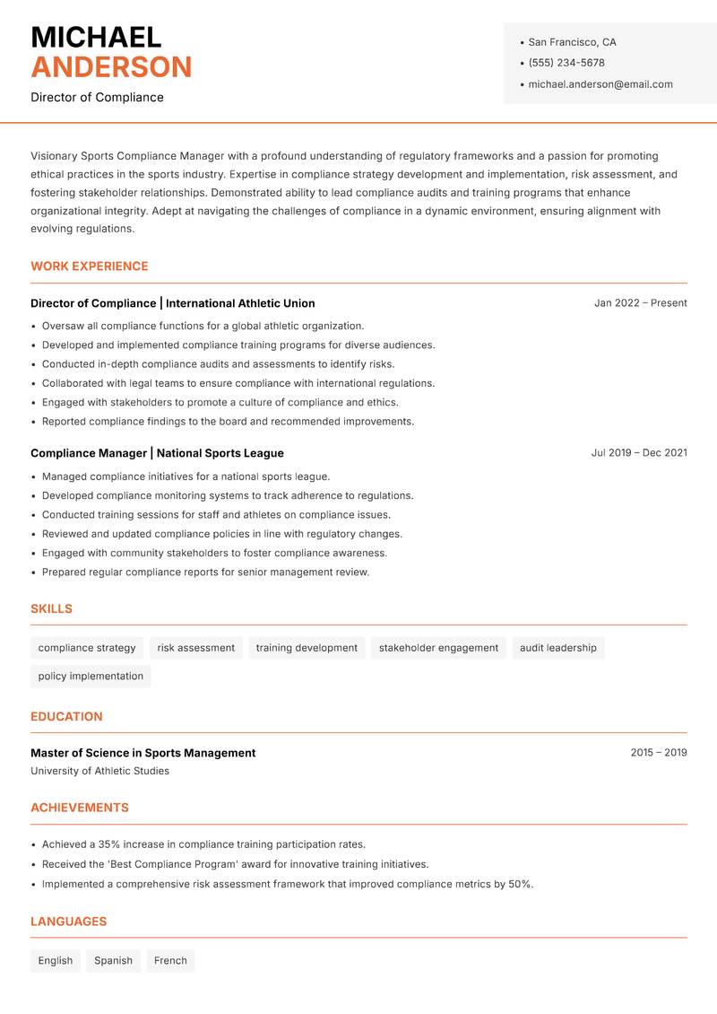 Sports Compliance Manager resume template — Modern Professional