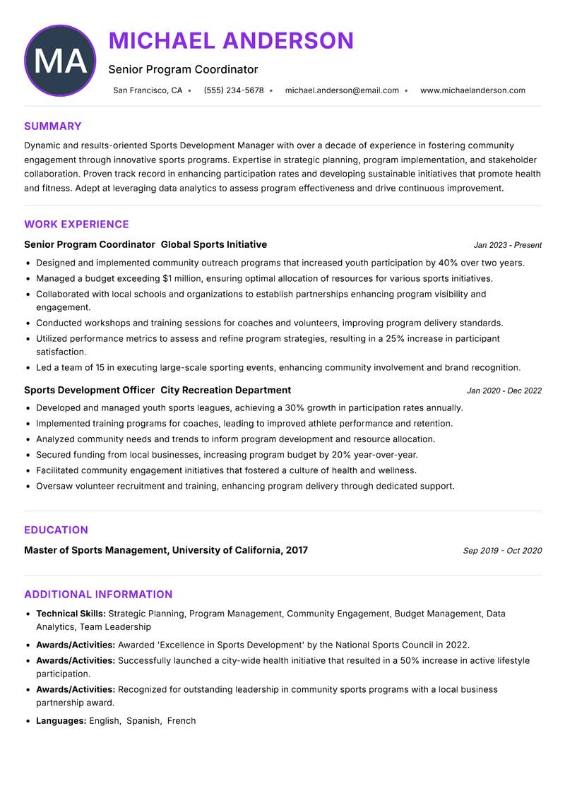 Sports Development Manager resume example — ATS-friendly template