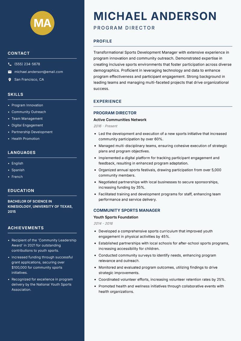 Sports Development Manager resume template — Classic Clean