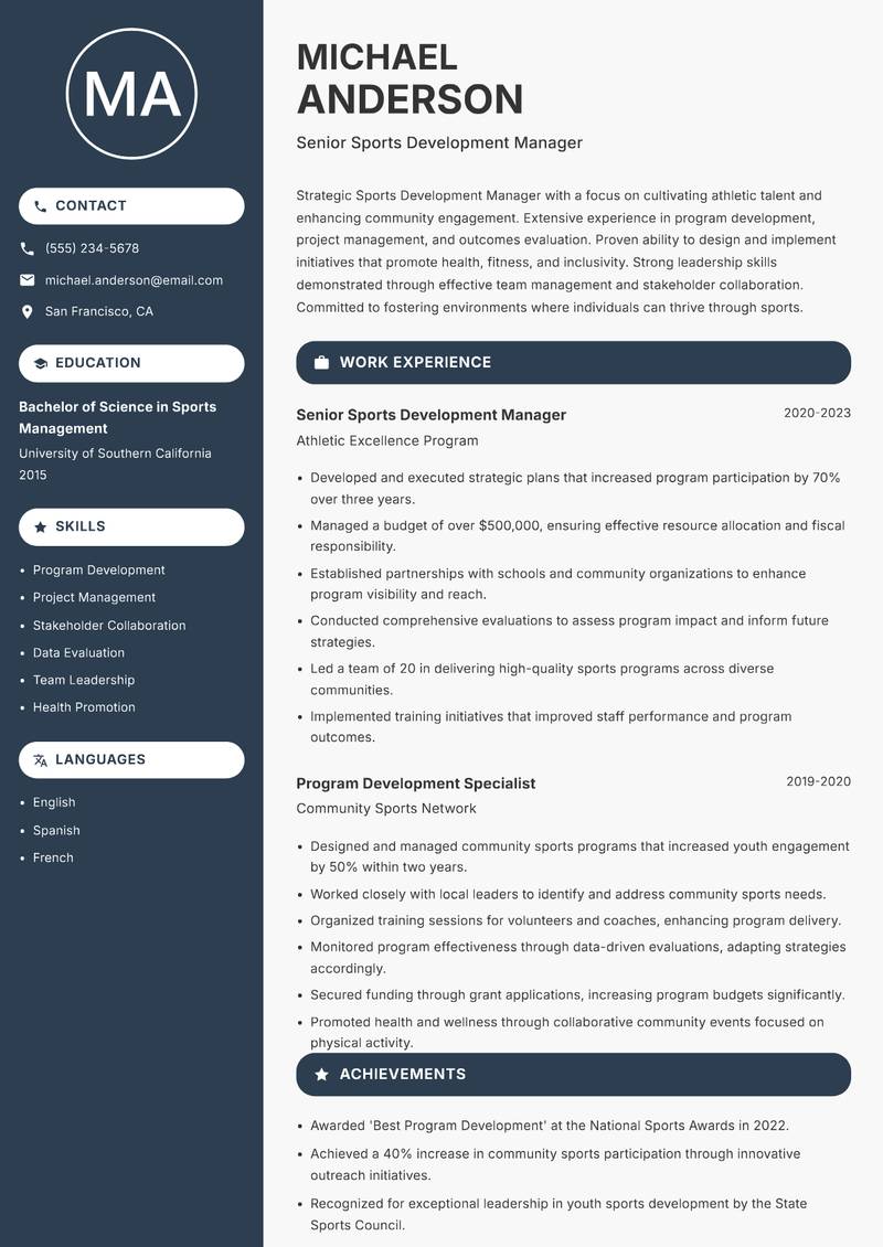 Sports Development Manager resume template — Compact