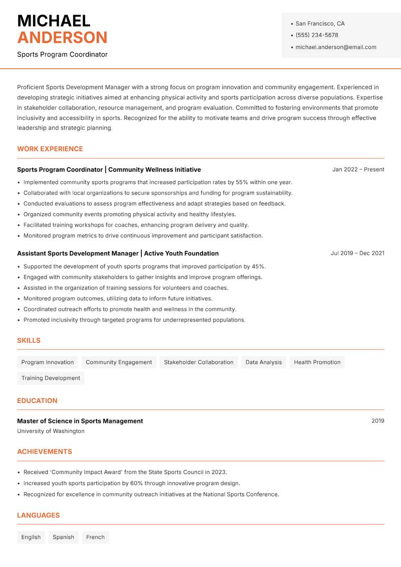 Sports Development Manager resume template — Modern Professional