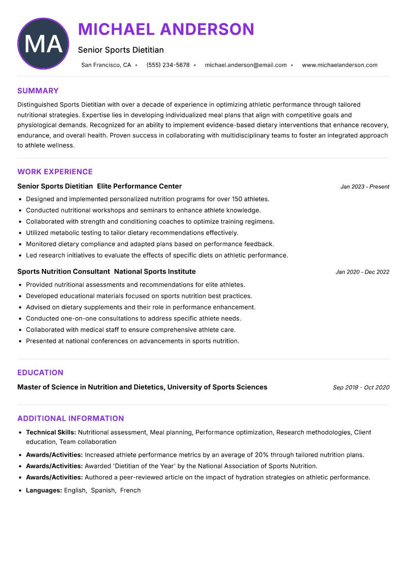 Sports Dietitian resume example — ATS-friendly template