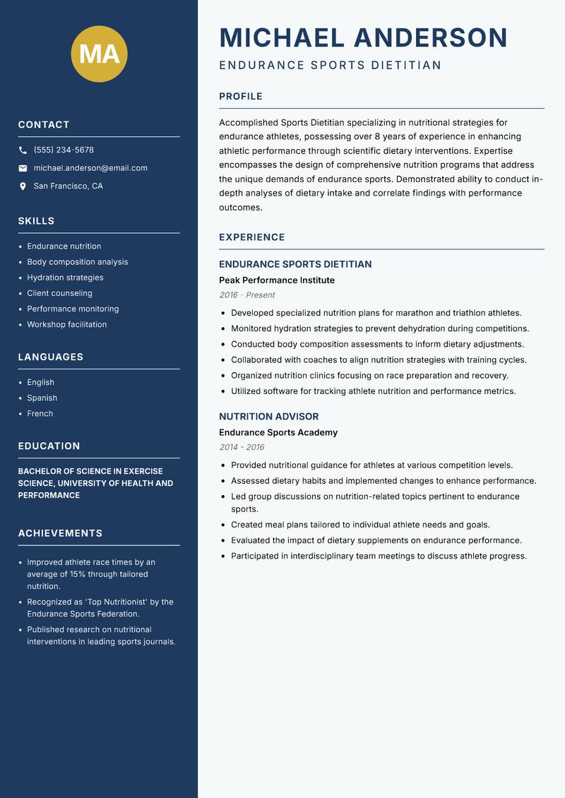 Sports Dietitian resume template — Classic Clean