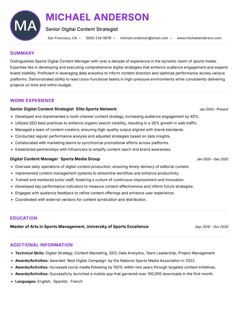 Sports Digital Content Manager resume example — ATS-friendly template