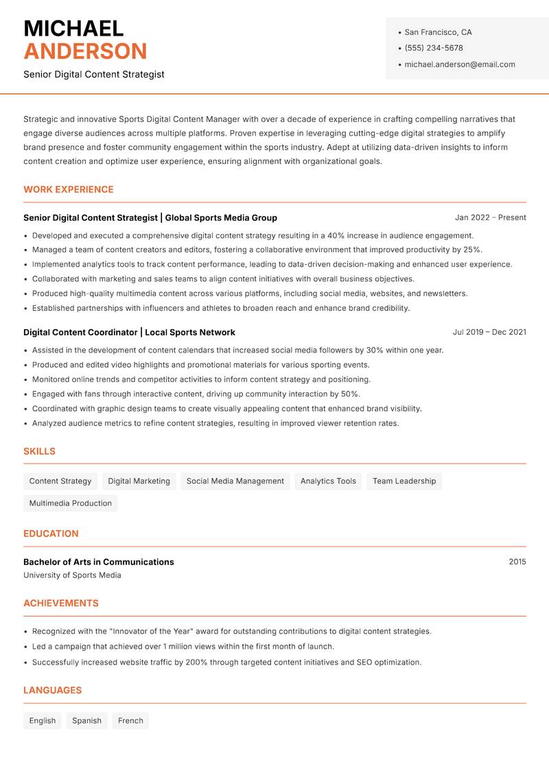 Sports Digital Content Manager resume template — Modern Professional