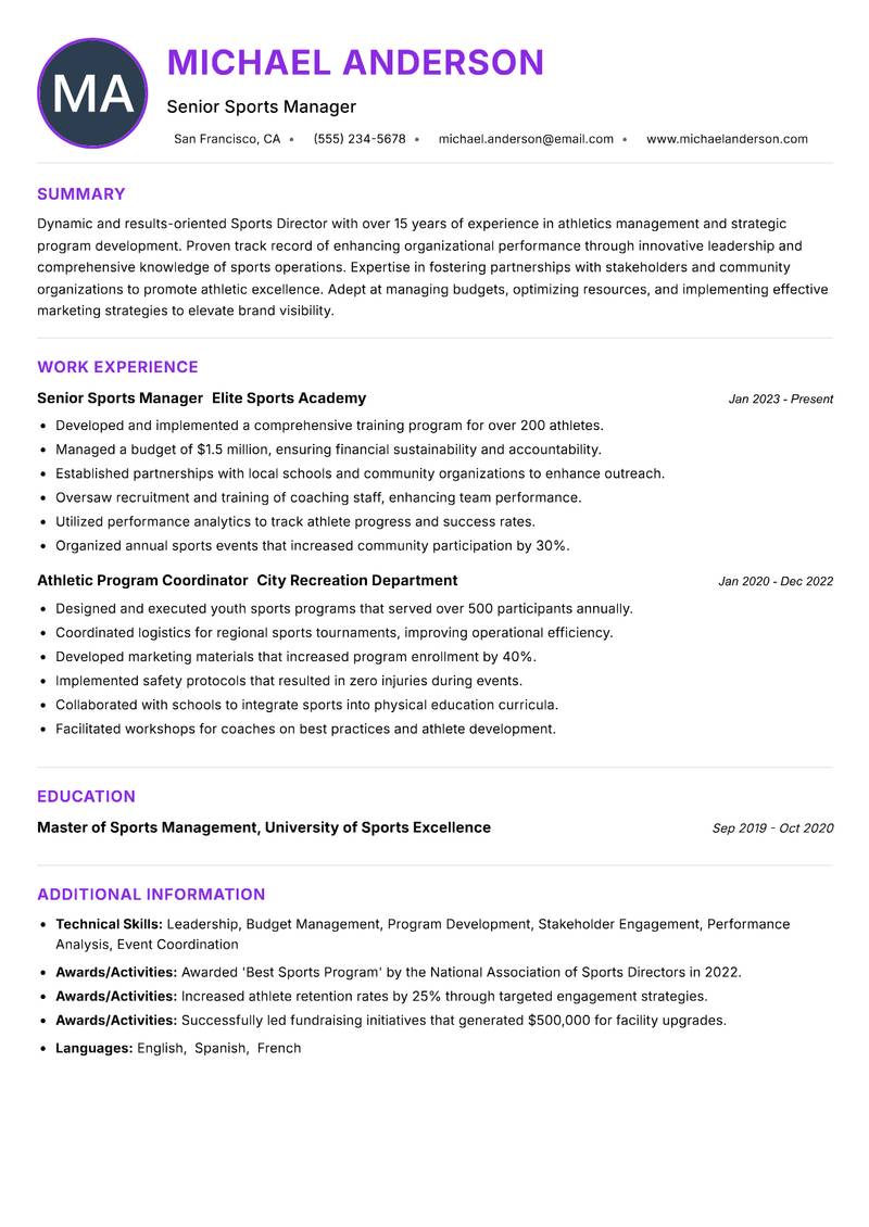 Sports Director resume example — ATS-friendly template
