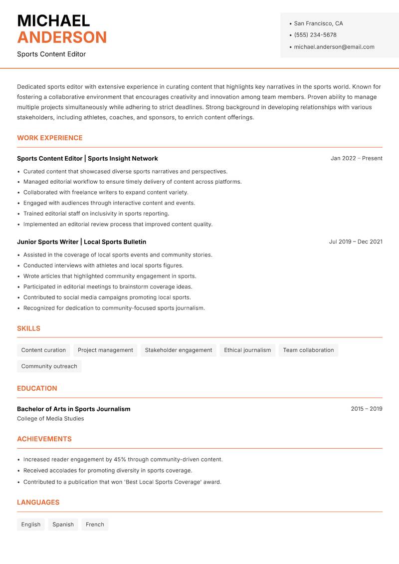 Sports Editor resume template — Modern Professional
