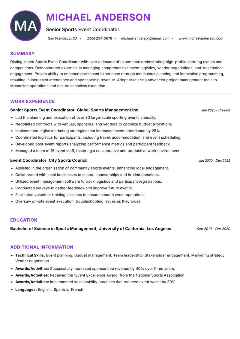 Sports Event Coordinator resume example — ATS-friendly template