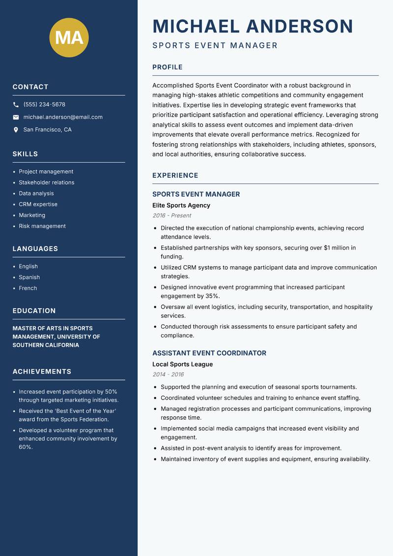 Sports Event Coordinator resume template — Classic Clean