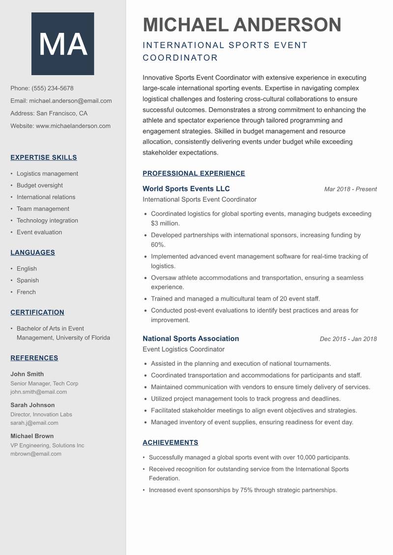 Sports Event Coordinator resume template — Creative Minimal
