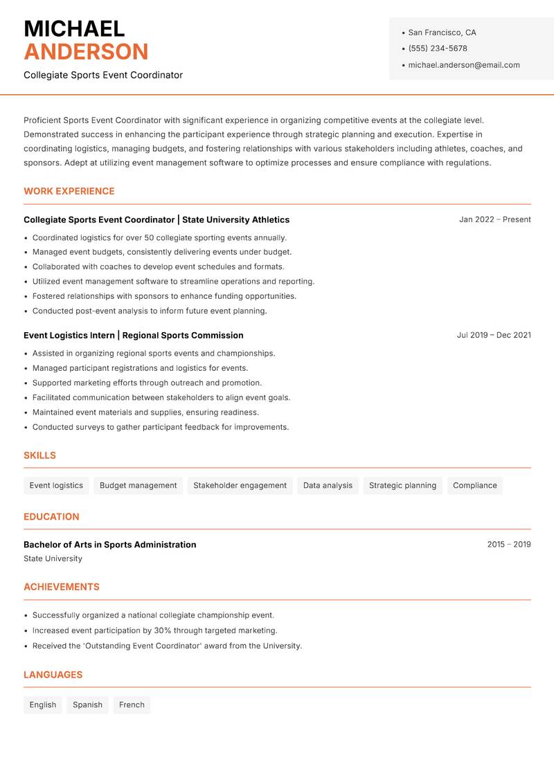 Sports Event Coordinator resume template — Modern Professional