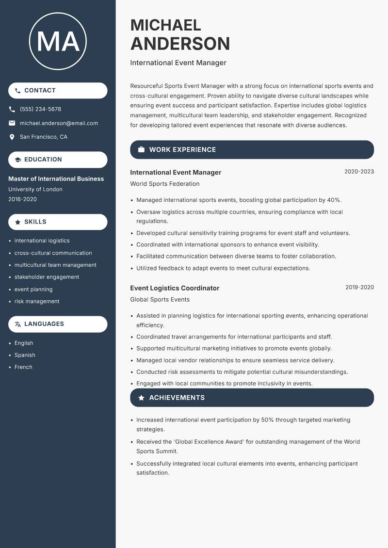 Sports Event Manager resume template — Compact