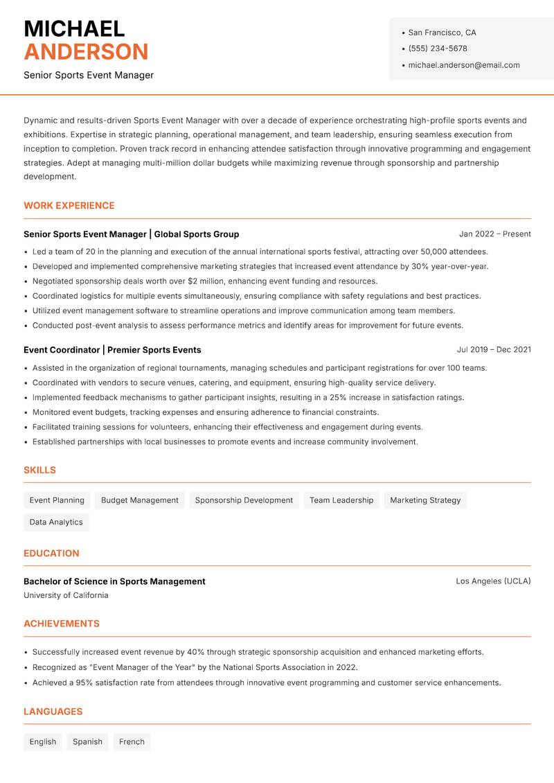 Sports Event Manager resume template — Modern Professional