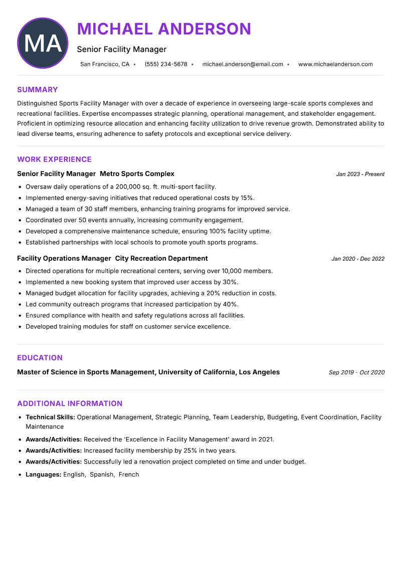 Sports Facility Manager resume example — ATS-friendly template