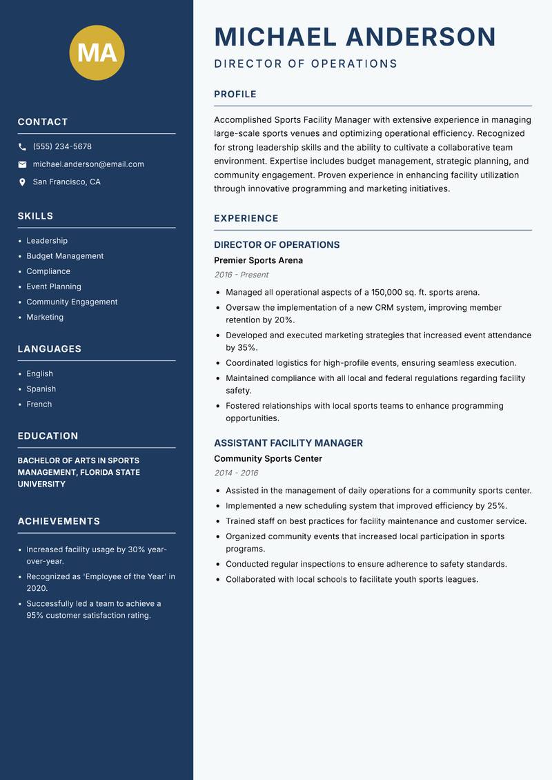 Sports Facility Manager resume template — Classic Clean