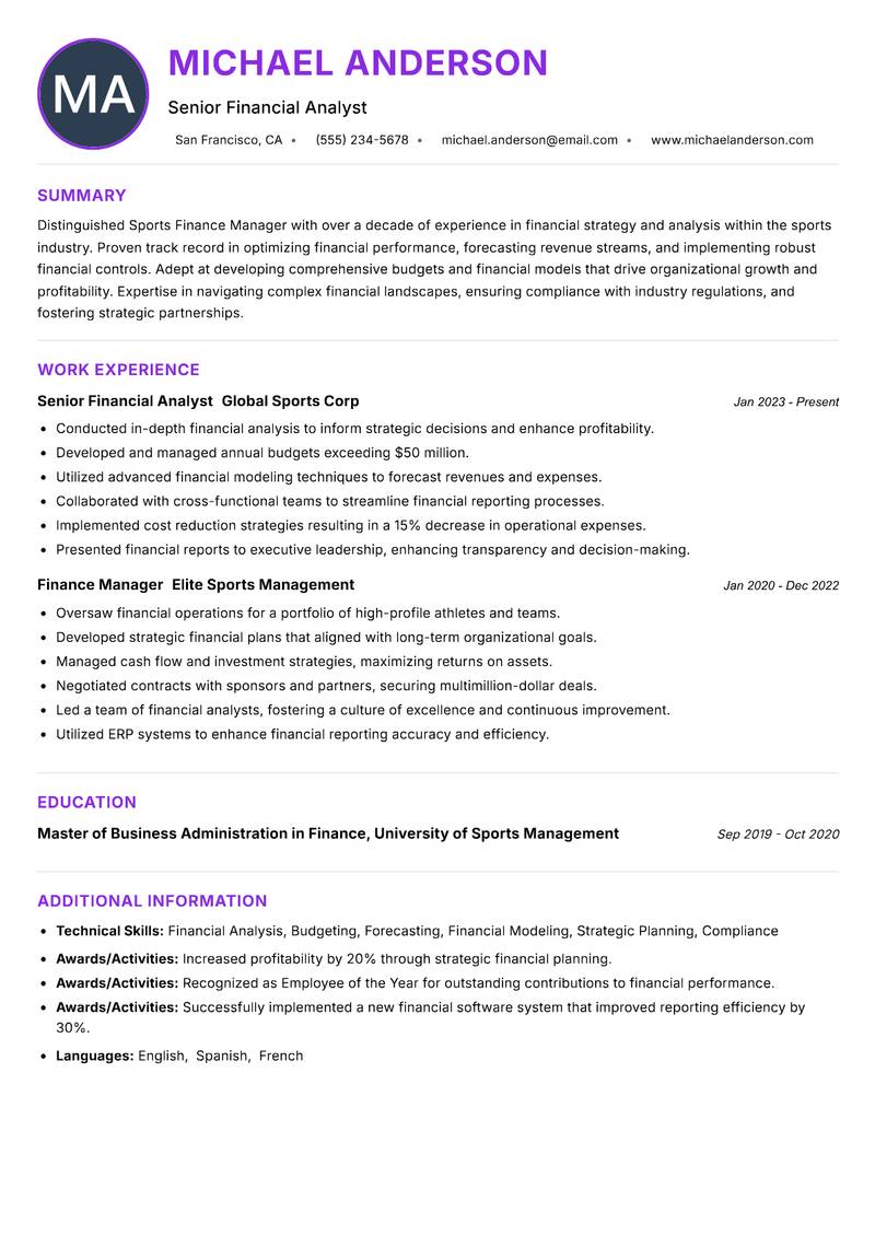 Sports Finance Manager resume example — ATS-friendly template