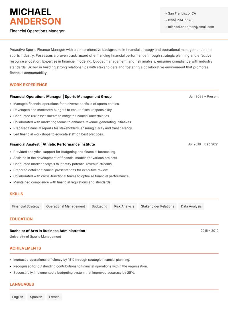 Sports Finance Manager resume template — Modern Professional