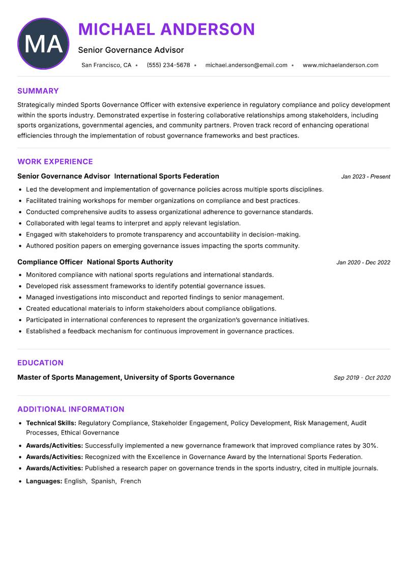 Sports Governance Officer resume example — ATS-friendly template