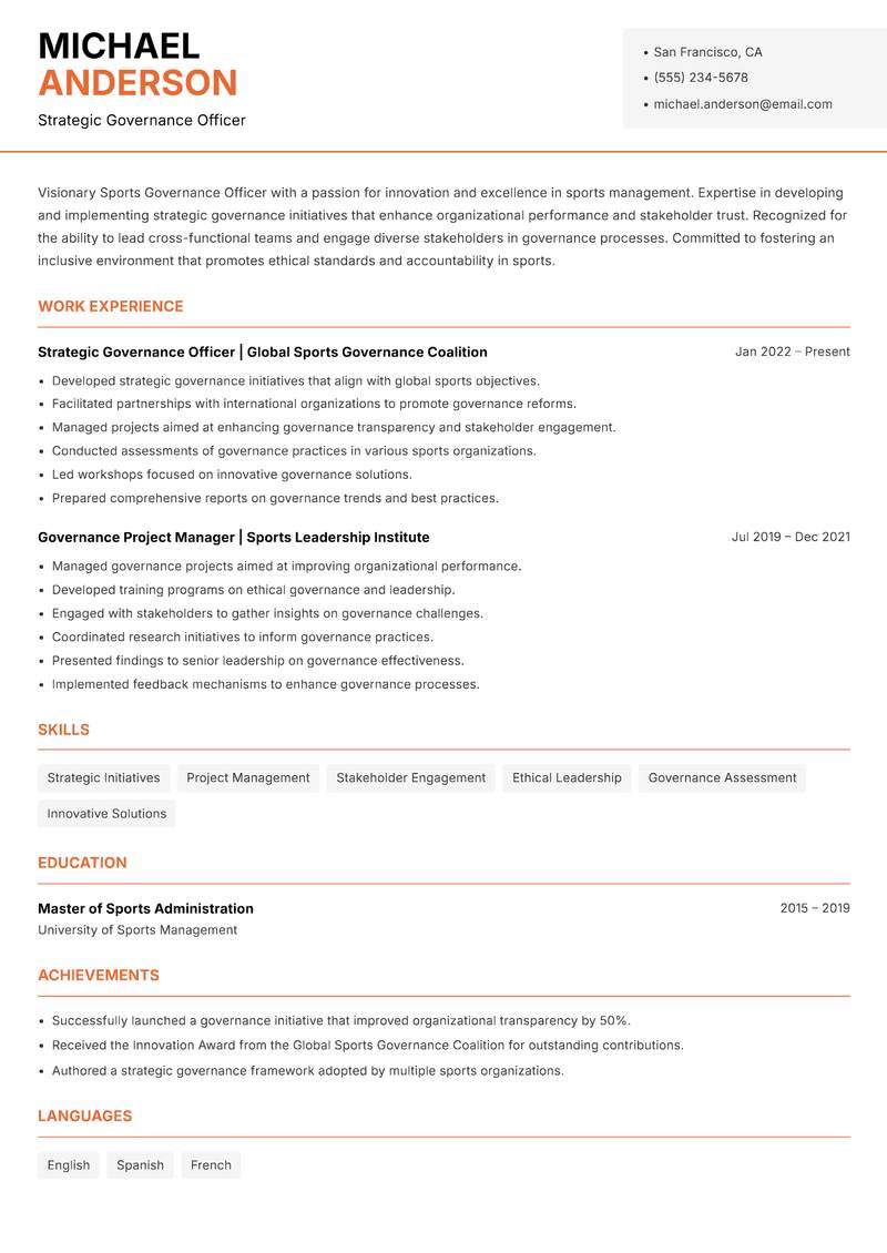 Sports Governance Officer resume template — Modern Professional