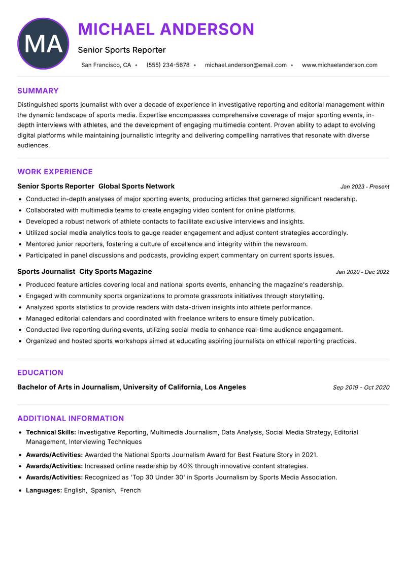 Sports Journalist resume example — ATS-friendly template