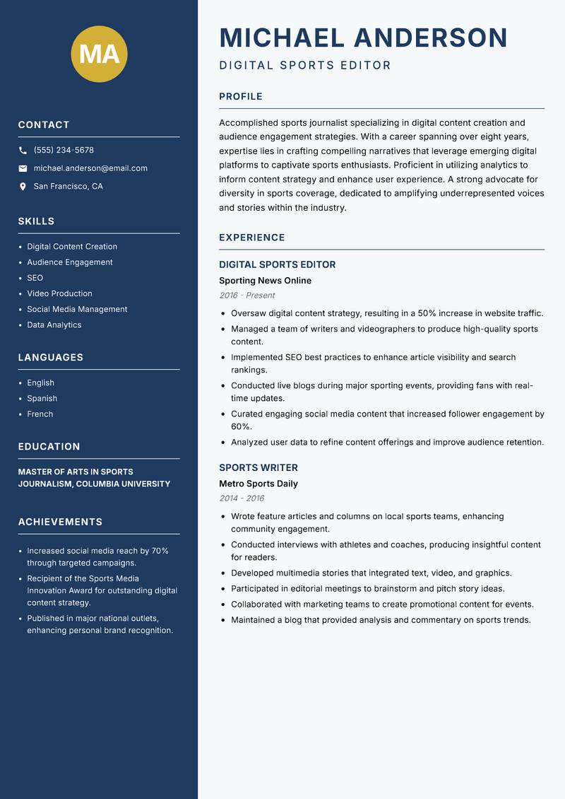Sports Journalist resume template — Classic Clean