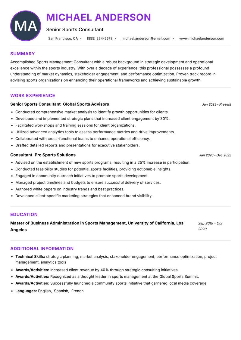 Sports Management Consultant resume example — ATS-friendly template