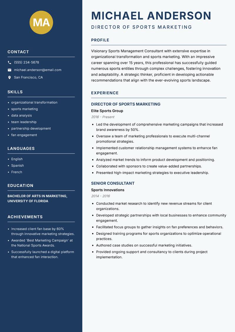 Sports Management Consultant resume template — Classic Clean