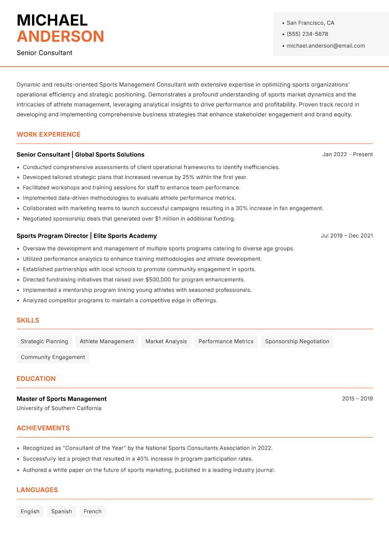 Sports Management Consultant resume template — Modern Professional