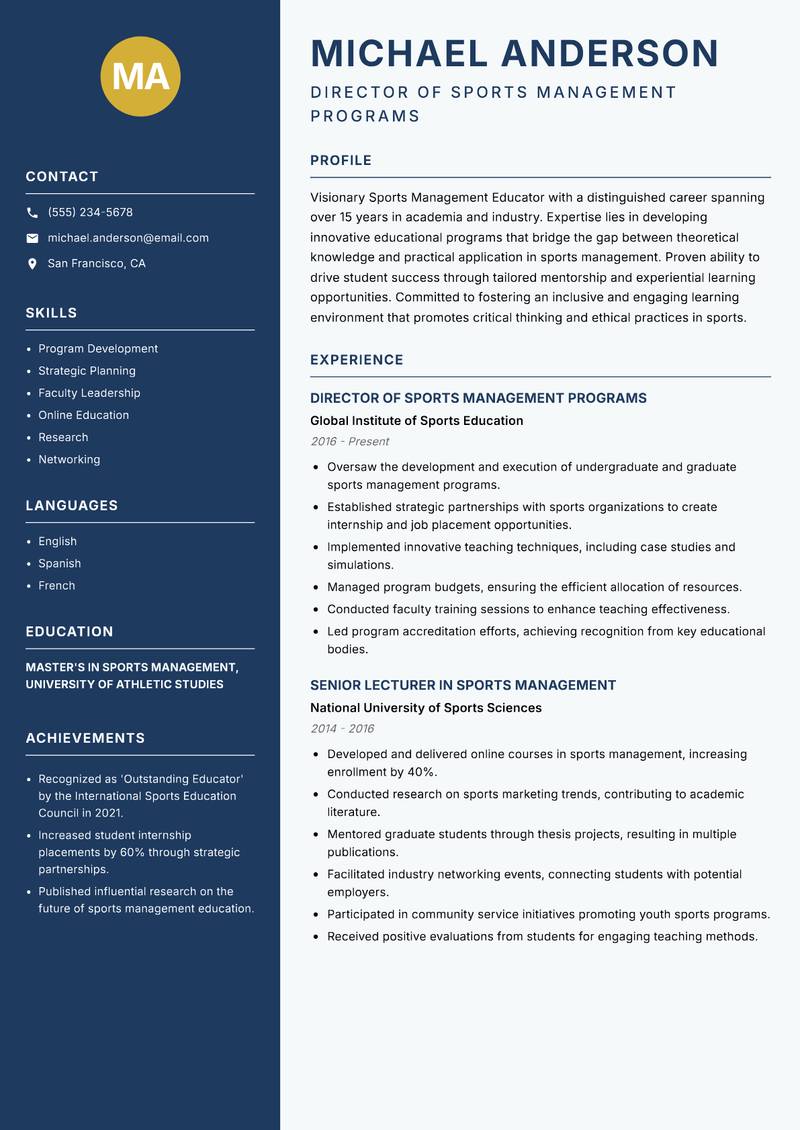 Sports Management Educator resume template — Classic Clean