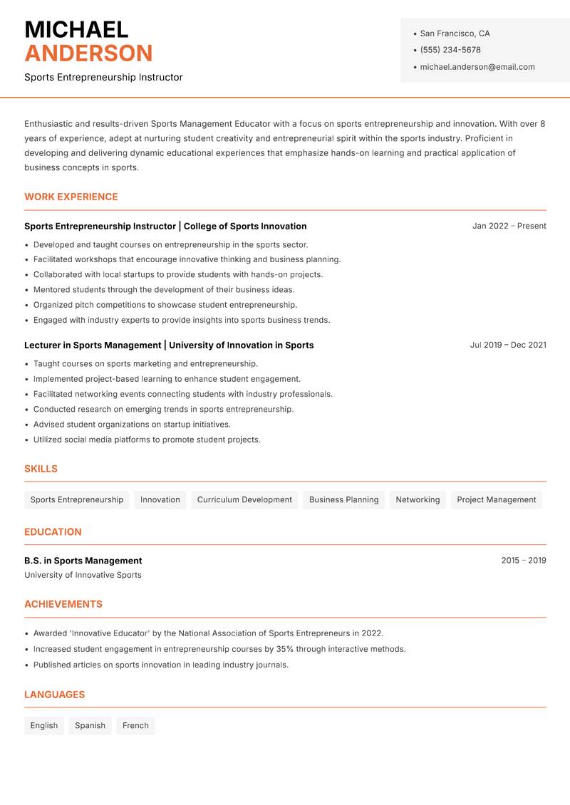Sports Management Educator resume template — Modern Professional