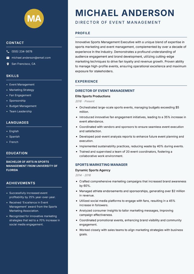 Sports Management Executive resume template — Classic Clean