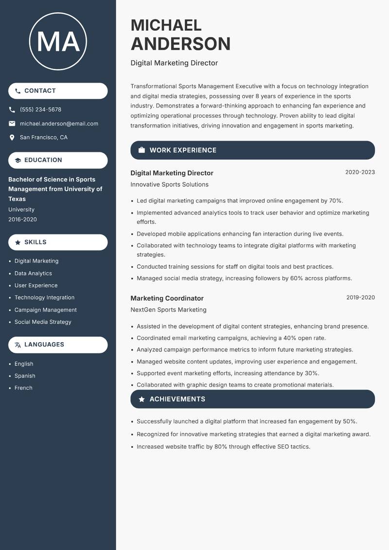 Sports Management Executive resume template — Compact