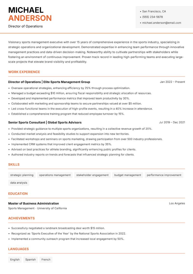 Sports Management Executive resume template — Modern Professional