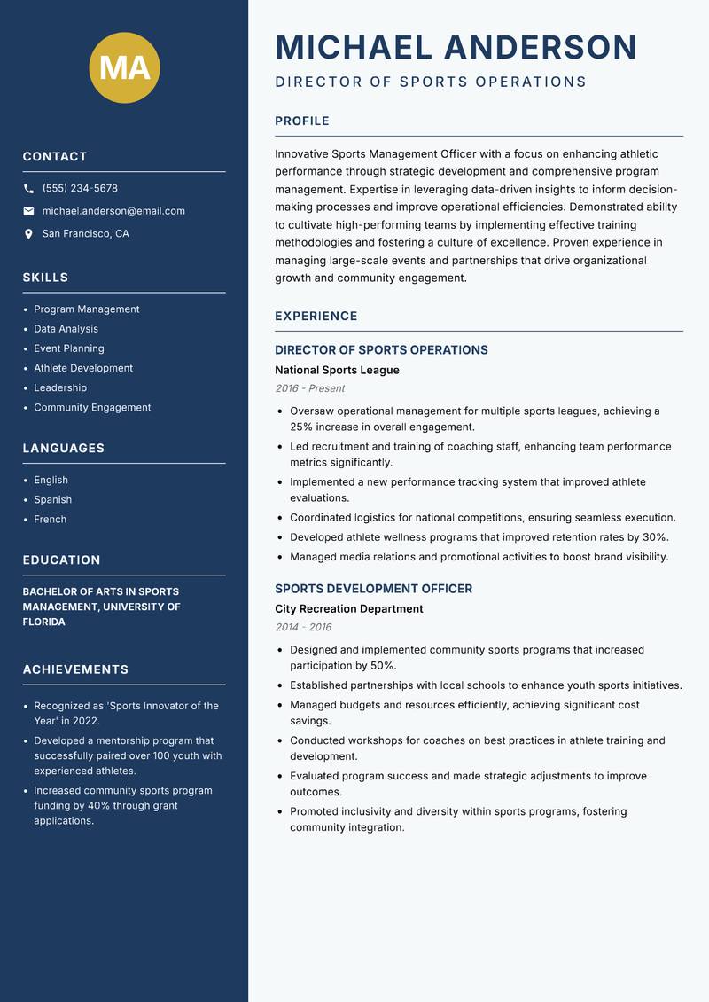 Sports Management Officer resume template — Classic Clean