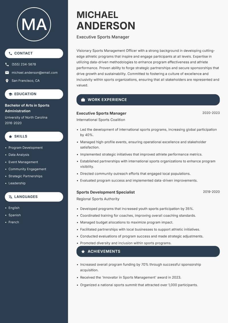 Sports Management Officer resume template — Compact