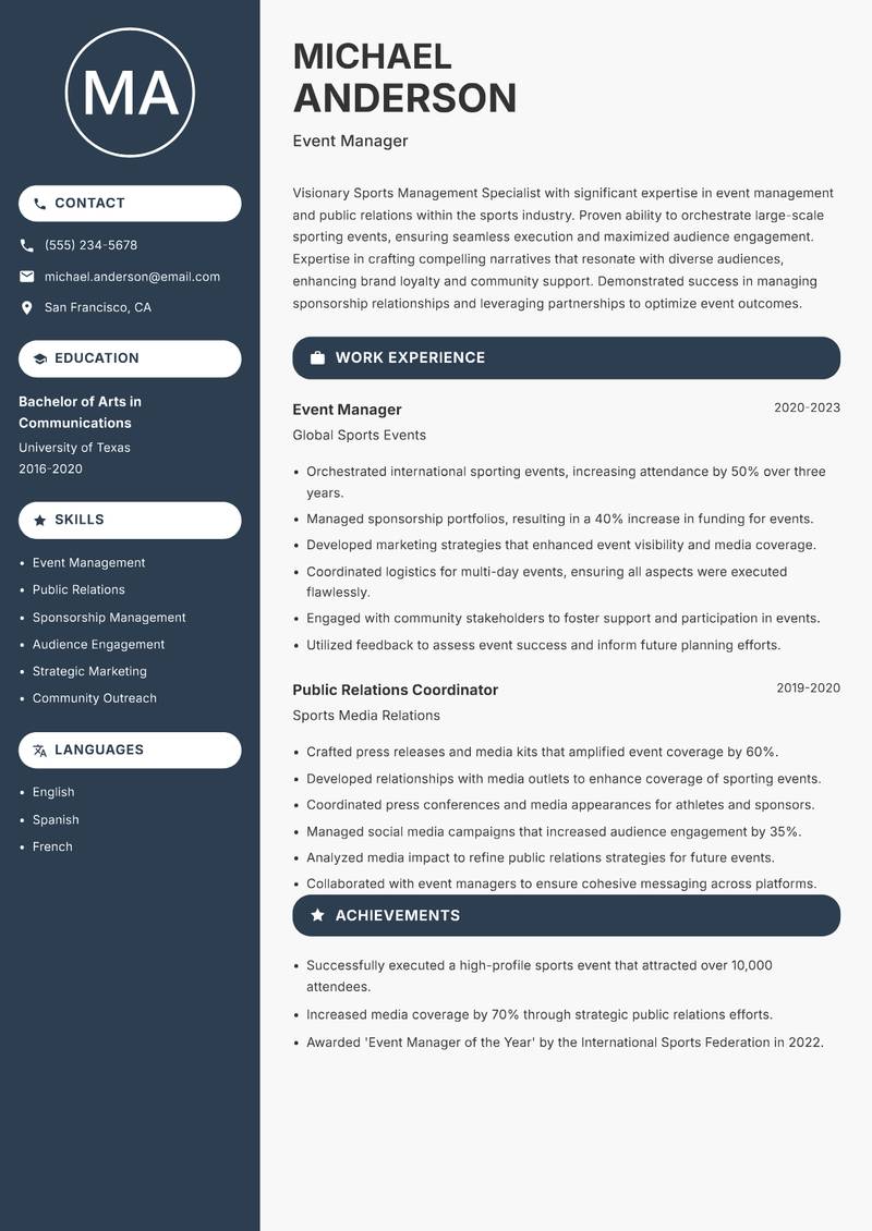 Sports Management Specialist resume template — Compact
