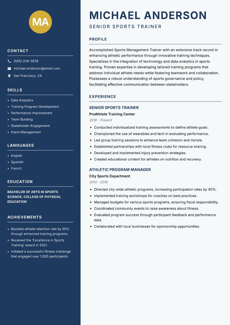 Sports Management Trainer resume template — Classic Clean