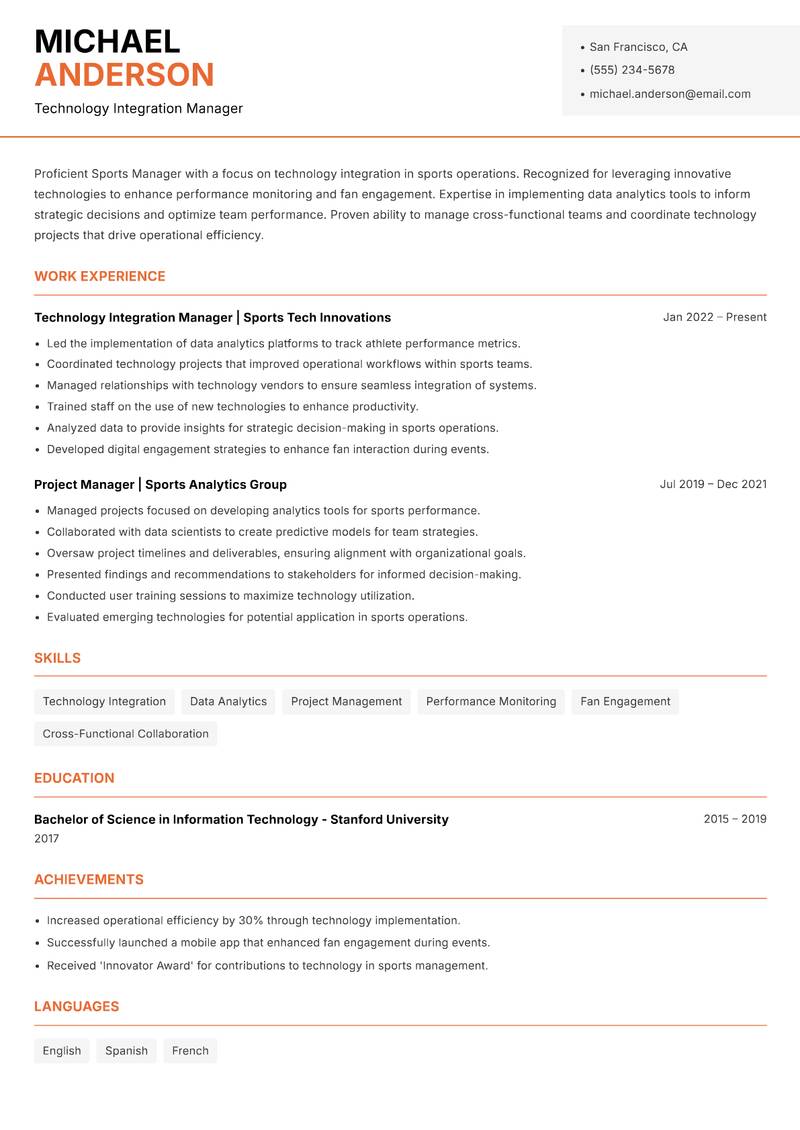 Sports Manager resume template — Modern Professional