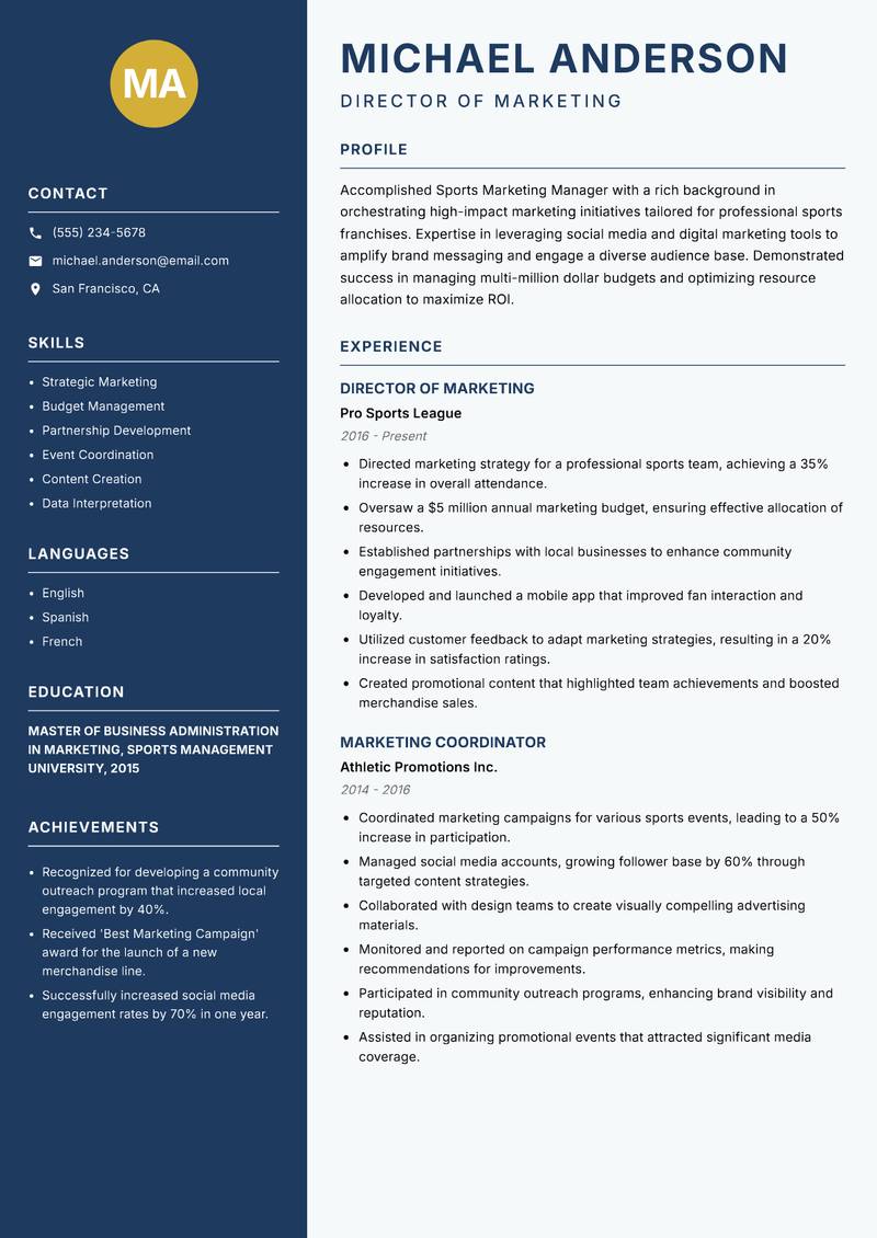 Sports Marketing Manager resume template — Classic Clean