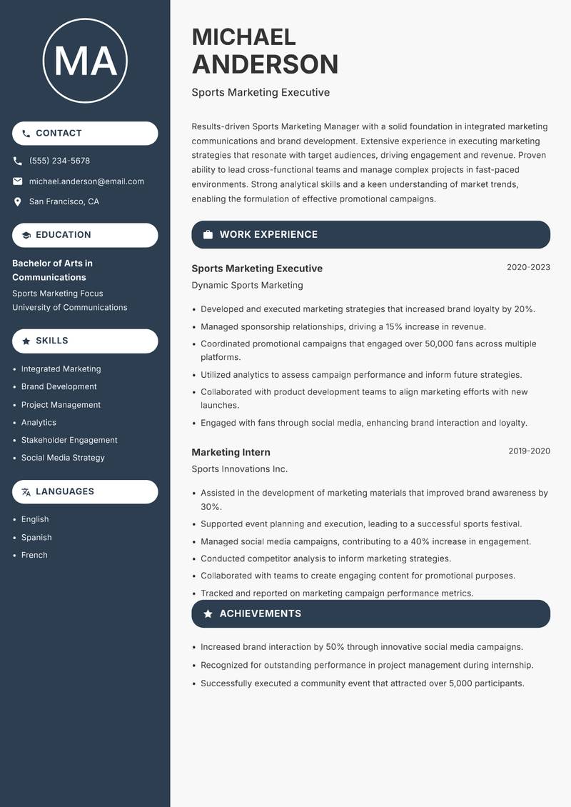 Sports Marketing Manager resume template — Compact