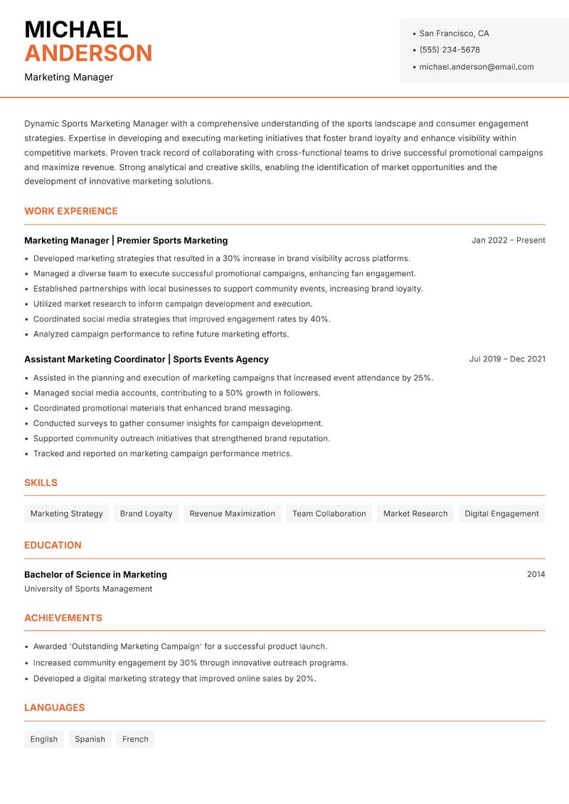 Sports Marketing Manager resume template — Modern Professional