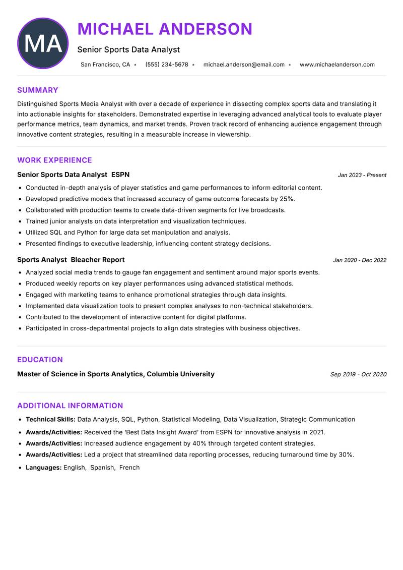 Sports Media Analyst resume example — ATS-friendly template