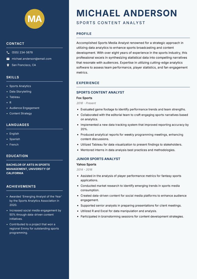 Sports Media Analyst resume template — Classic Clean