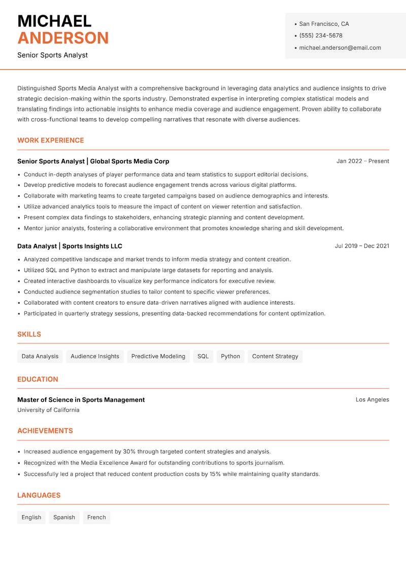 Sports Media Analyst resume template — Modern Professional