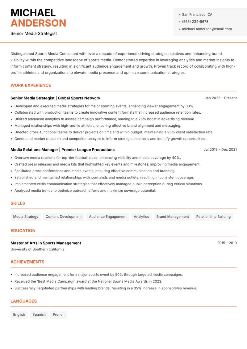 Sports Media Consultant resume template — Modern Professional