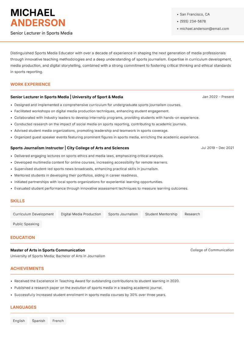 Sports Media Educator resume template — Modern Professional