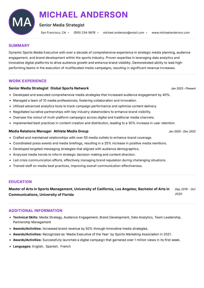 Sports Media Executive resume example — ATS-friendly template