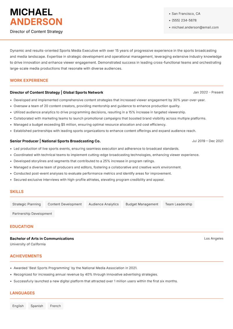 Sports Media Executive resume template — Modern Professional