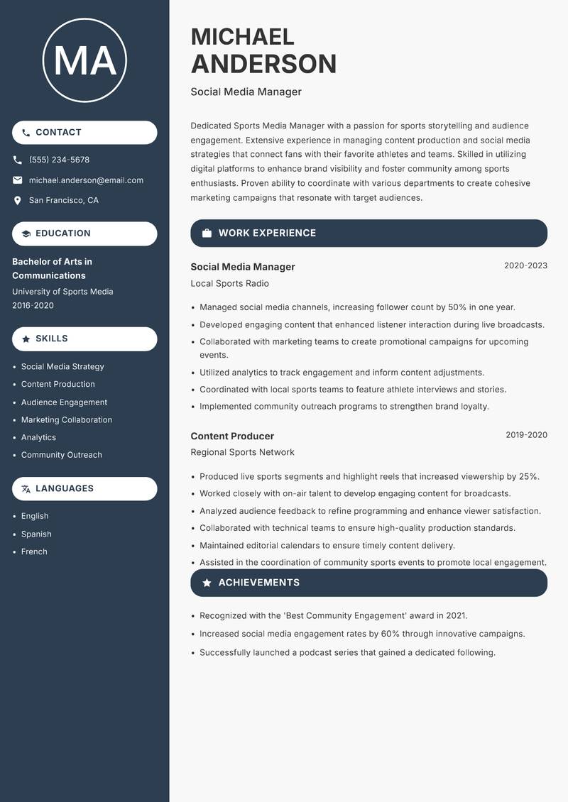 Sports Media Manager resume template — Compact
