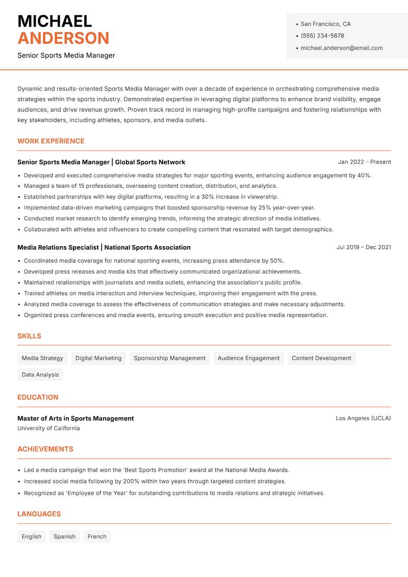 Sports Media Manager resume template — Modern Professional